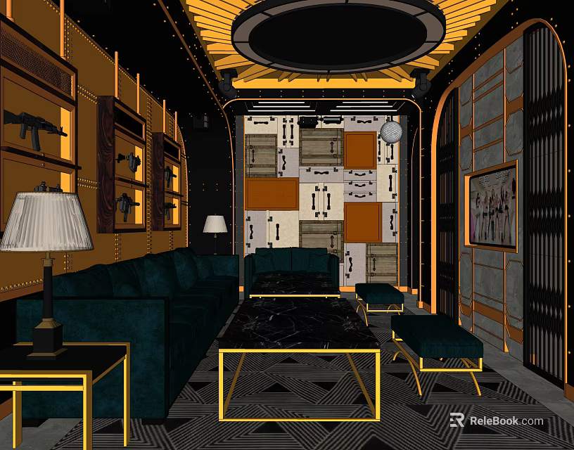Modern Luxury KTV Lounge with Emerald Green Sofa Gold Framed Furniture and Geometric Pattern Carpet 3d model 