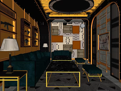 Modern Luxury KTV Lounge with Emerald Green Sofa Gold Framed Furniture and Geometric Pattern Carpet 3d model