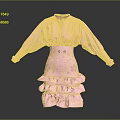Pink V Neck Lantern Sleeve Dress With Decorated Waist And Layered Ruffled Skirt