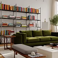 Bright Living Room Interior with Green Sofa Bookshelf Easel and Large Potted Plant