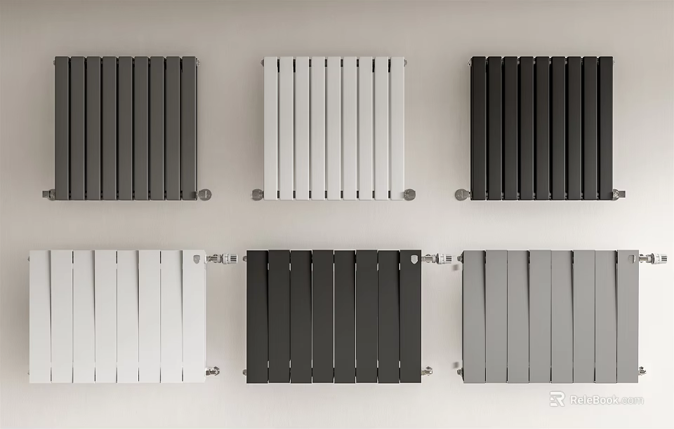 Modern Radiators in Various Colors with Vertical Slat Design Displayed on White Wall Background for Home Heating 3d model 