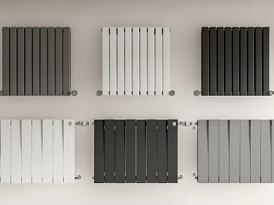Modern Radiators in Various Colors with Vertical Slat Design Displayed on White Wall Background for Home Heating 3d model