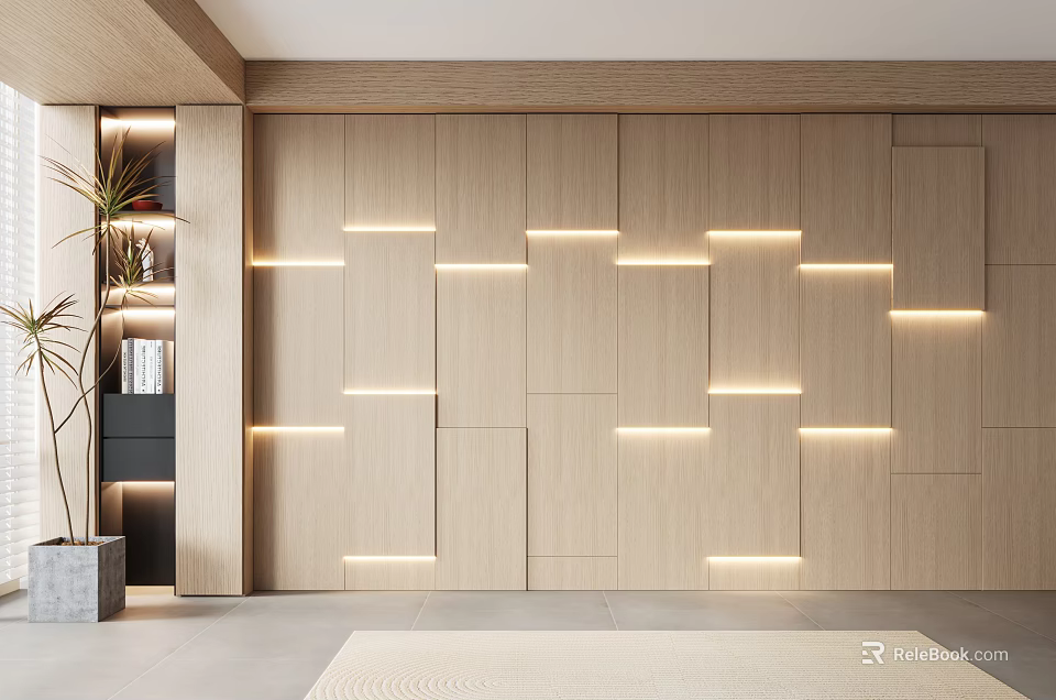 Elegant Modern Wooden Paneled Sofa Background Wall with Recessed LED Lighting and Warm Glow 3d model 