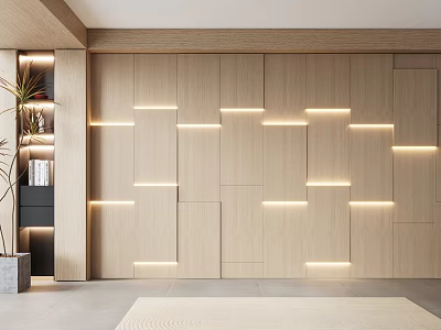 Elegant Modern Wooden Paneled Sofa Background Wall with Recessed LED Lighting and Warm Glow 3d model