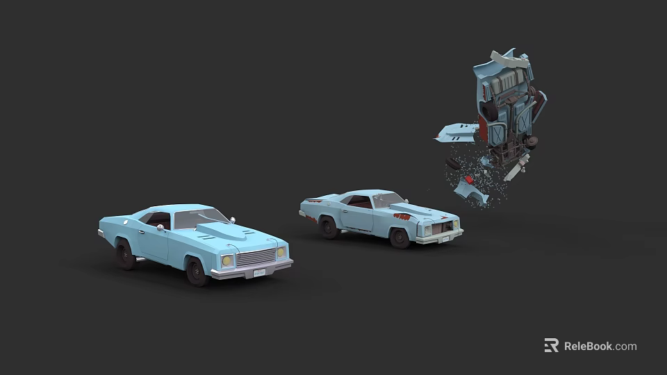 Two Light Blue Classic Cars One Breaking With Scattered Parts 3d model 