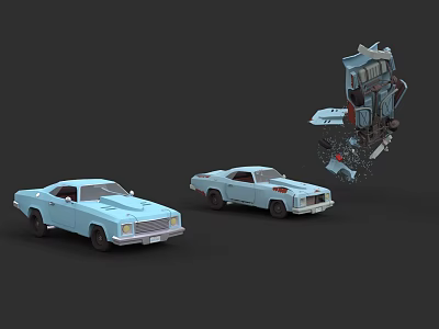 Two Light Blue Classic Cars One Breaking With Scattered Parts 3d model