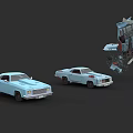 Two Light Blue Classic Cars One Breaking With Scattered Parts