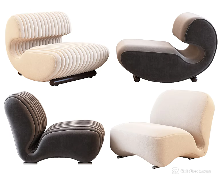 Modern Curved Single Sofa Designs in Beige and Dark Gray Striped Styles 3d model 