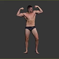 Shirtless Muscular Man Flexing Biceps in Black Underwear on Gray Background