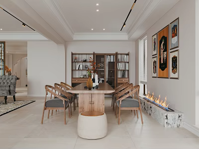 Warm Modern Dining Living Room Interior With Wooden Table Chairs Bookshelf And Fireplace 3d model