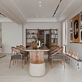 Warm Modern Dining Living Room Interior With Wooden Table Chairs Bookshelf And Fireplace