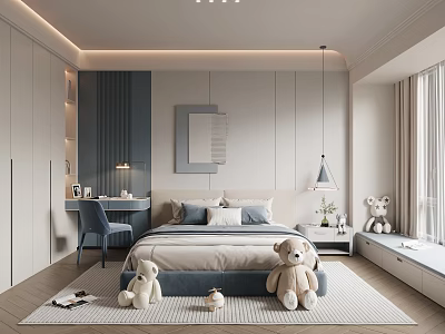 Kids Room Interior Design With Gray White Bed Teddy Bears Desk Chair And Pendant Lamp 3d model
