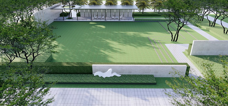 Serene Garden Landscape with Lush Green Lawn Neat Hedges White Sculpture Pavilion and Trees 3d model 