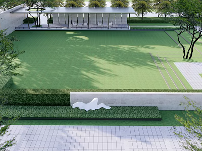 Serene Garden Landscape with Lush Green Lawn Neat Hedges White Sculpture Pavilion and Trees 3d model