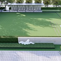 Serene Garden Landscape with Lush Green Lawn Neat Hedges White Sculpture Pavilion and Trees