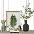 Stylish Decorative Accessories Set with Framed Leaf Art Glass Vase Green Plants Sculpture Aromatic Bottles