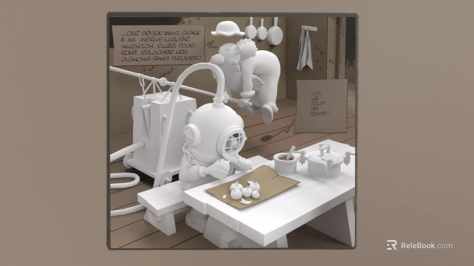 Game Movie Characters in Kitchen Scene Featuring Diver Helmet Chef and Table Eggs 3d model 