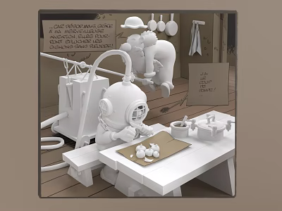 Game Movie Characters in Kitchen Scene Featuring Diver Helmet Chef and Table Eggs 3d model