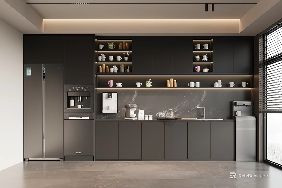 Modern Pantry Interior With Black Cabinets Shelves Cups Coffee Machine And Marble Countertop 3d model 
