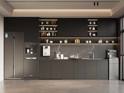 Modern Pantry Interior With Black Cabinets Shelves Cups Coffee Machine And Marble Countertop 3d model