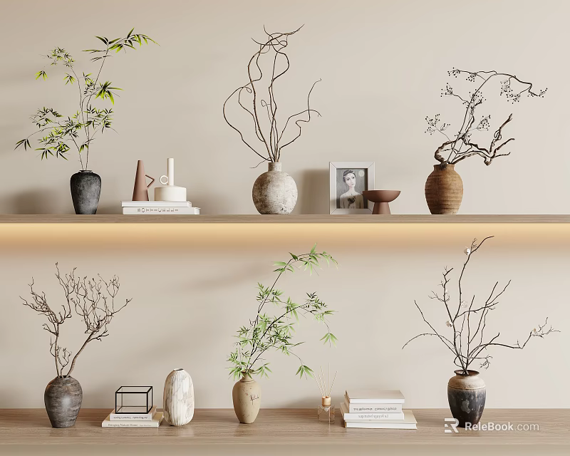 Stylish Home Decor Shelf Display With Vases Branches Books And Frames 3d model