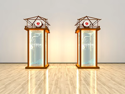 Traditional Roofed Structures With Red Circular Tops Glass Panels And Text Patterns On Wooden Floor 3d model