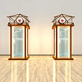 Traditional Roofed Structures With Red Circular Tops Glass Panels And Text Patterns On Wooden Floor