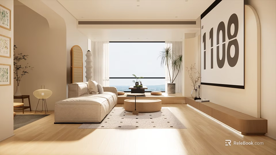 Modern Living Room Interior With Beige Sofa Large Window Wooden Floor And Decorative Plant 3d model 