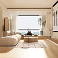 Modern Living Room Interior With Beige Sofa Large Window Wooden Floor And Decorative Plant