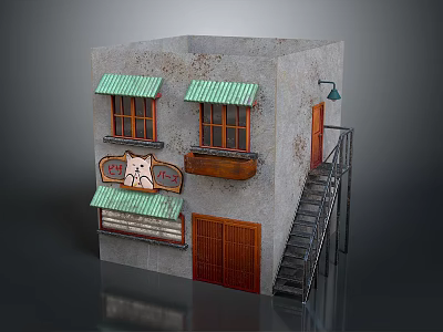 Gray Wall Small House With Green Awnings Wooden Doors Windows Metal Staircase And Cat Sign 3d model