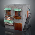 Gray Wall Small House With Green Awnings Wooden Doors Windows Metal Staircase And Cat Sign