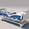 Medical Bed With Blue Mattress White Frame Control Panel Side Rails And Wheels 3d model