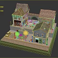 Traditional European Architectural Model With Terracotta Roofs Small Plaza Outdoor Seating And Vintage Car