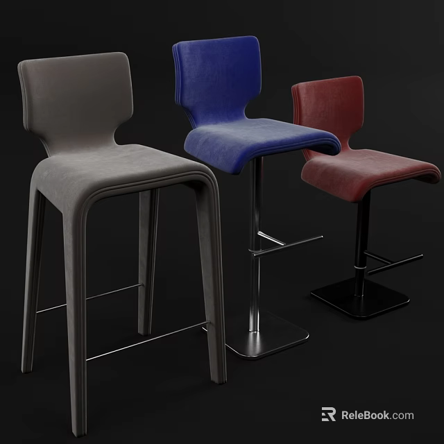 Modern Upholstered Bar Stools With Gray Blue Red Velvet Seats And Metal Frames 3d model 