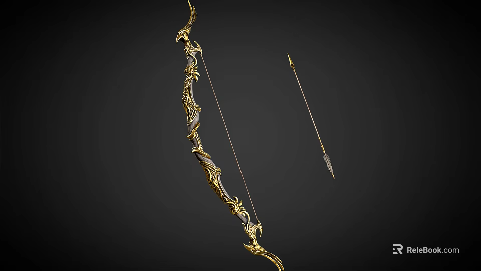 Golden Black Ornate Bow And Arrow Weapon With Intricate Decorative Design For Collectible Use 3d model 