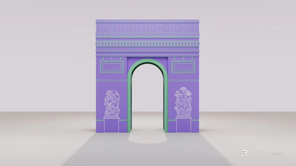 Purple Triumphal Arch with Green Archway and Decorative Statues on Light Purple Background 3d model 