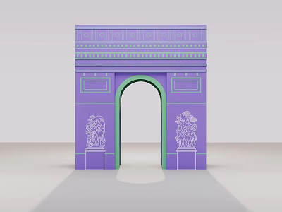 Purple Triumphal Arch with Green Archway and Decorative Statues on Light Purple Background 3d model