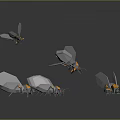 Game Movie Character Design Of Multiple Mechanical Insects With Metallic Wings And Yellow Gray Accents