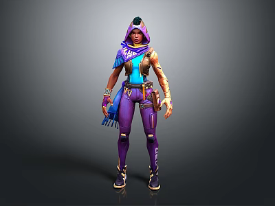 Game Character Design With Purple Pants Blue Top Scarf Headpiece And Utility Belt 3d model