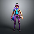 Game Character Design With Purple Pants Blue Top Scarf Headpiece And Utility Belt