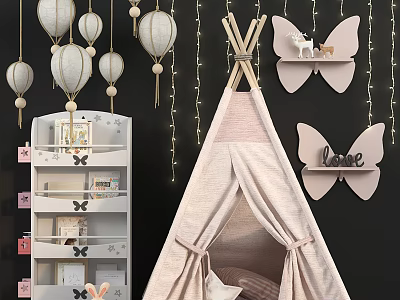 Pink Teepee Tent In Kids Room With Butterfly Shaped Shelves And Hanging Lanterns 3d model