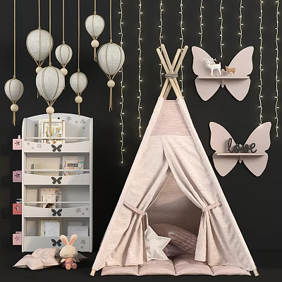 Pink Teepee Tent In Kids Room With Butterfly Shaped Shelves And Hanging Lanterns 3d model