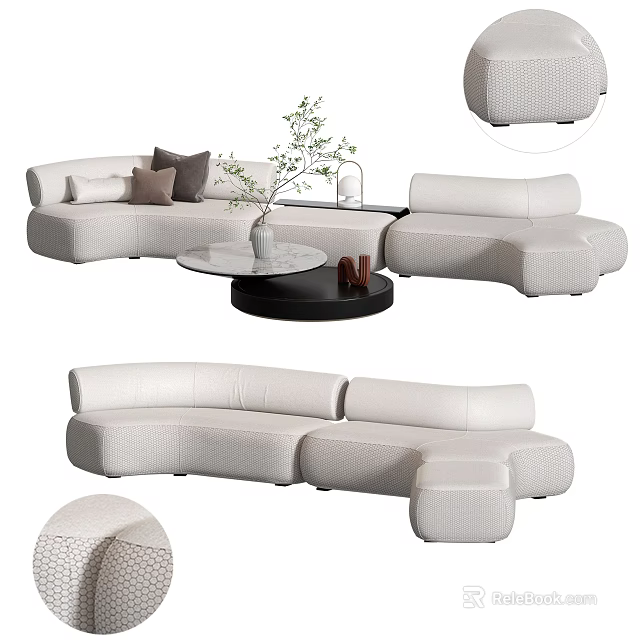 Modern White Modular Sofa With Curved Design Round Coffee Table And Decorative Plant 3d model
