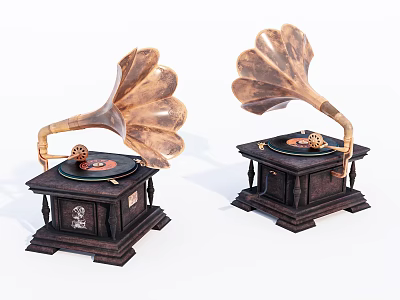 Vintage Phonograph Speakers With Wooden Base And Classic Horn Design For Home Decor 3d model