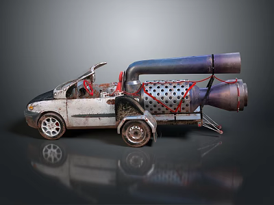 Modified Worn White Car With Large Rocket Engines Red Straps And Perforated Metal Trailer 3d model