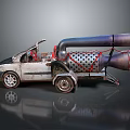 Modified Worn White Car With Large Rocket Engines Red Straps And Perforated Metal Trailer
