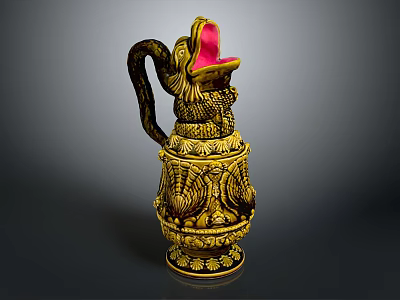 Decorative Golden Black Elephant Shaped Pitcher With Intricate Carved Patterns As Household Living Accessory 3d model