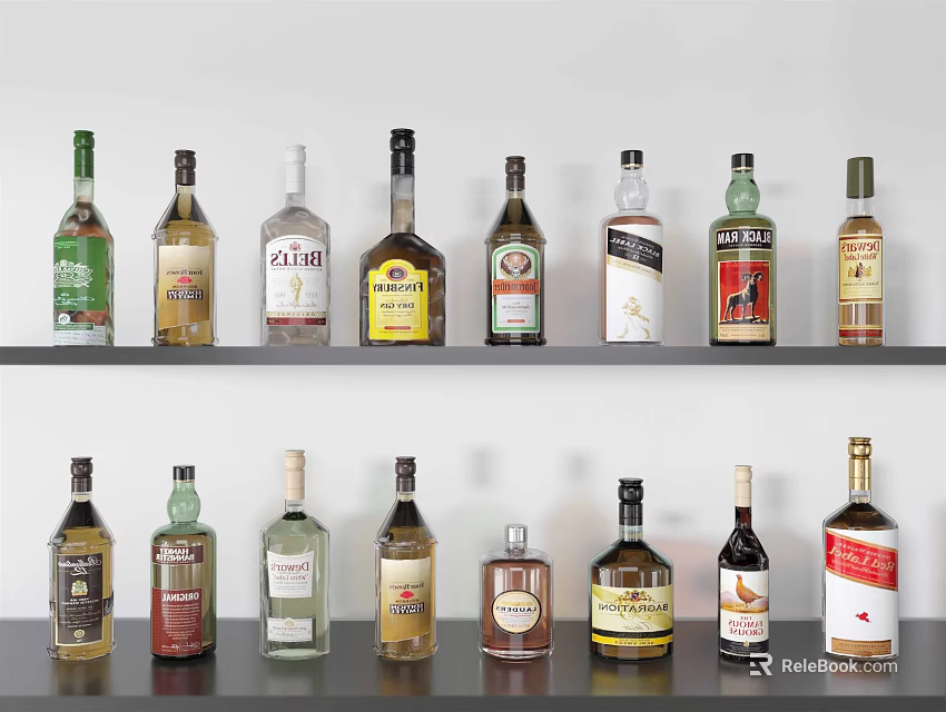Various Alcohol Bottles and Glasses with Different Brands and Colors Neatly Arranged on Black Shelves 3d model 