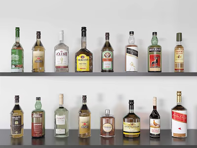 Various Alcohol Bottles and Glasses with Different Brands and Colors Neatly Arranged on Black Shelves 3d model