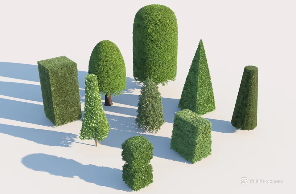 Topiary Shrubs Of Various Shapes For Garden Landscaping And Decoration 3d model 